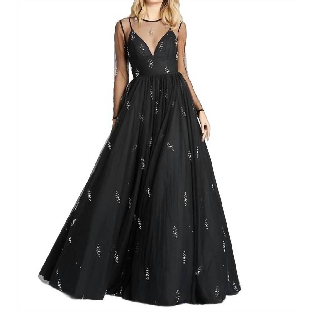 NEW MAC DUGGAL sheer sleeve ball gown in black